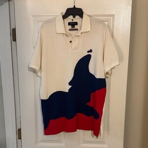 Akoo Men's Polo Shirt in Cream with Bold Blue and Red Design